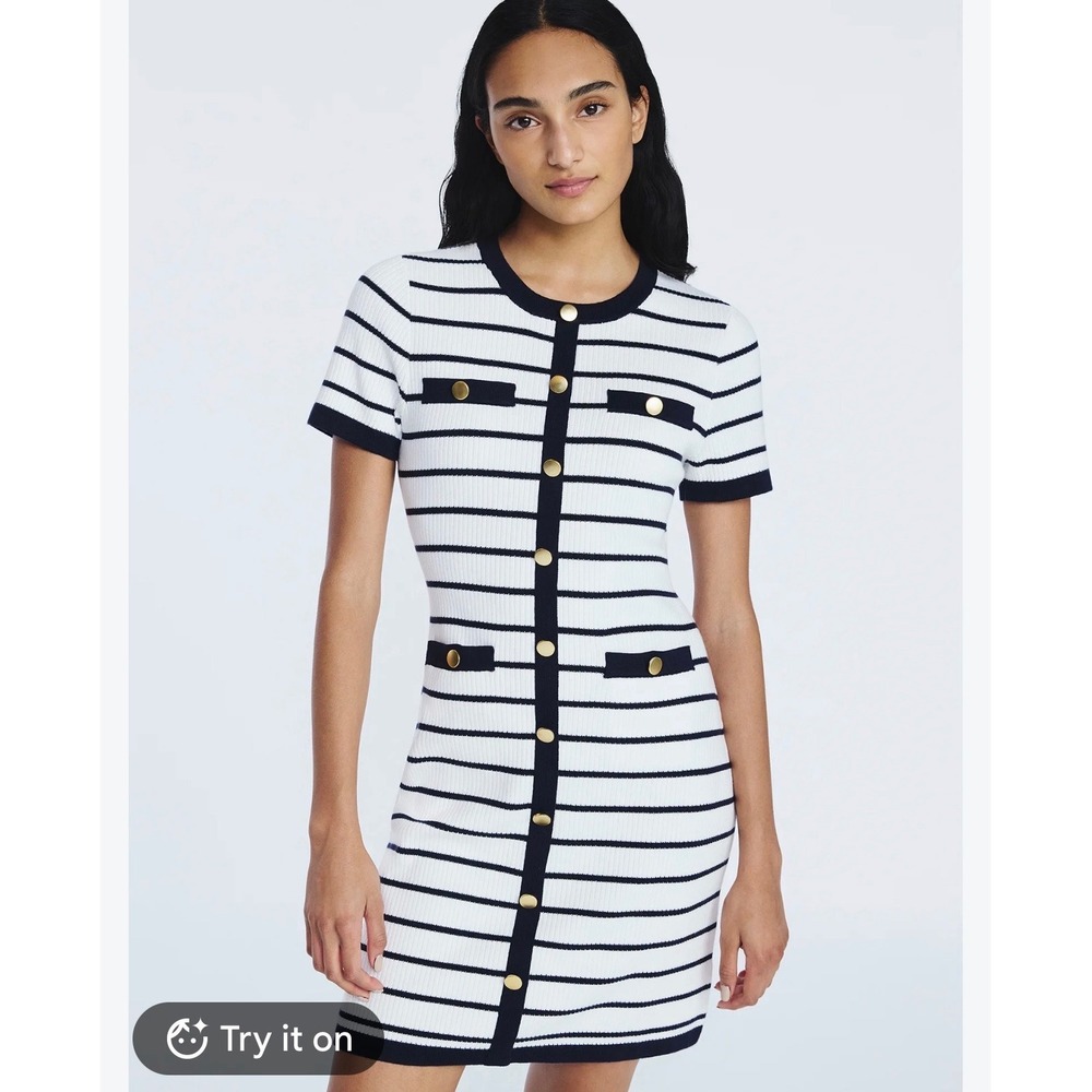 Free Assembly Striped Ribbed Knit Button Front Mini Dress Navy White L